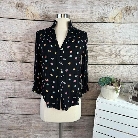 Anthropologie Black Long Sleeve Collared Printed Blouse‎ Size US 0 - Picture 1 of 7